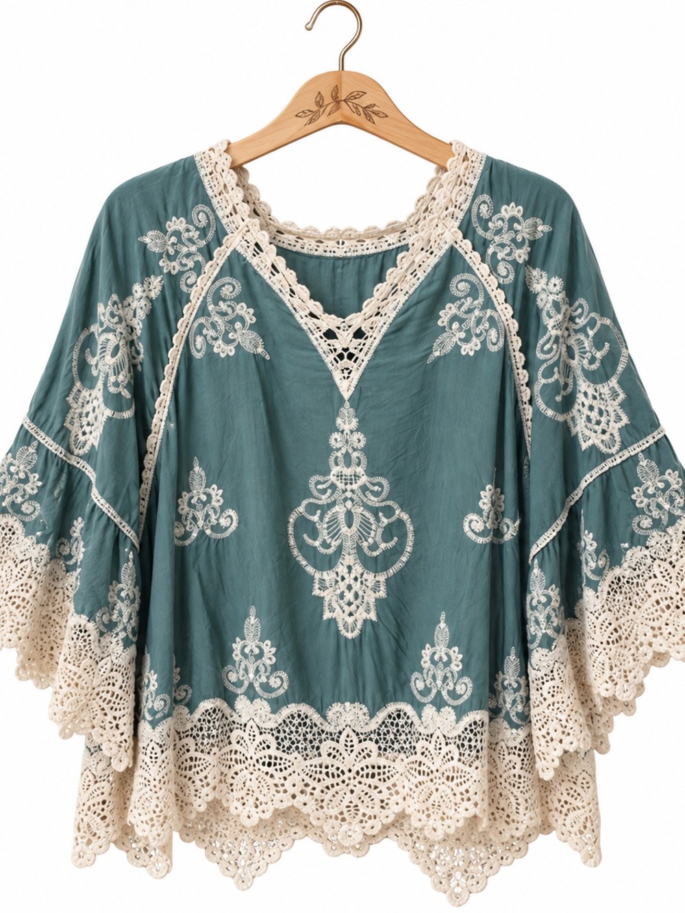 Boho Lace-Trim Teal Women's Top